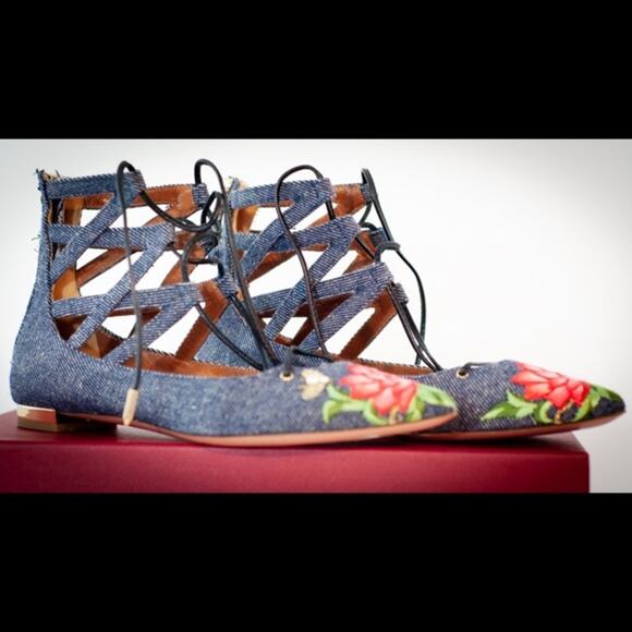 Aquazzura Belgravia Denim Lotus Flats Size 5B NEW without box - Picture 1 of 3